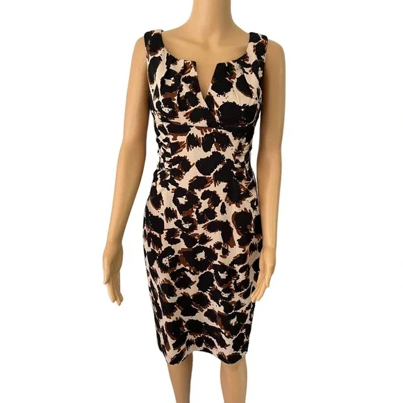 NWT Adrianna Papell Brown Abstract Print Side Ruched Knee Length Dress Sz 4 - Picture 1 of 6